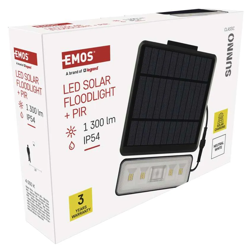 EMOS LED napelemes reflektor PIR érzékelővel, 1300 lm, IP54 csomagolása.