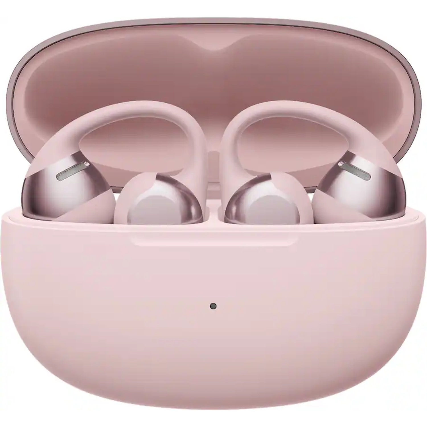 Boîtier de chargement rose avec deux écouteurs roses à l'intérieur.