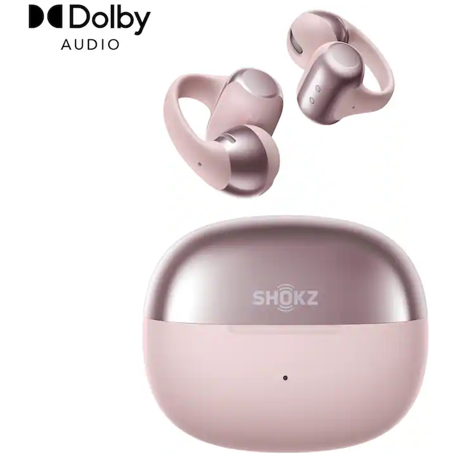 Écouteurs SHOKZ roses avec étui de chargement et logo Dolby Audio.