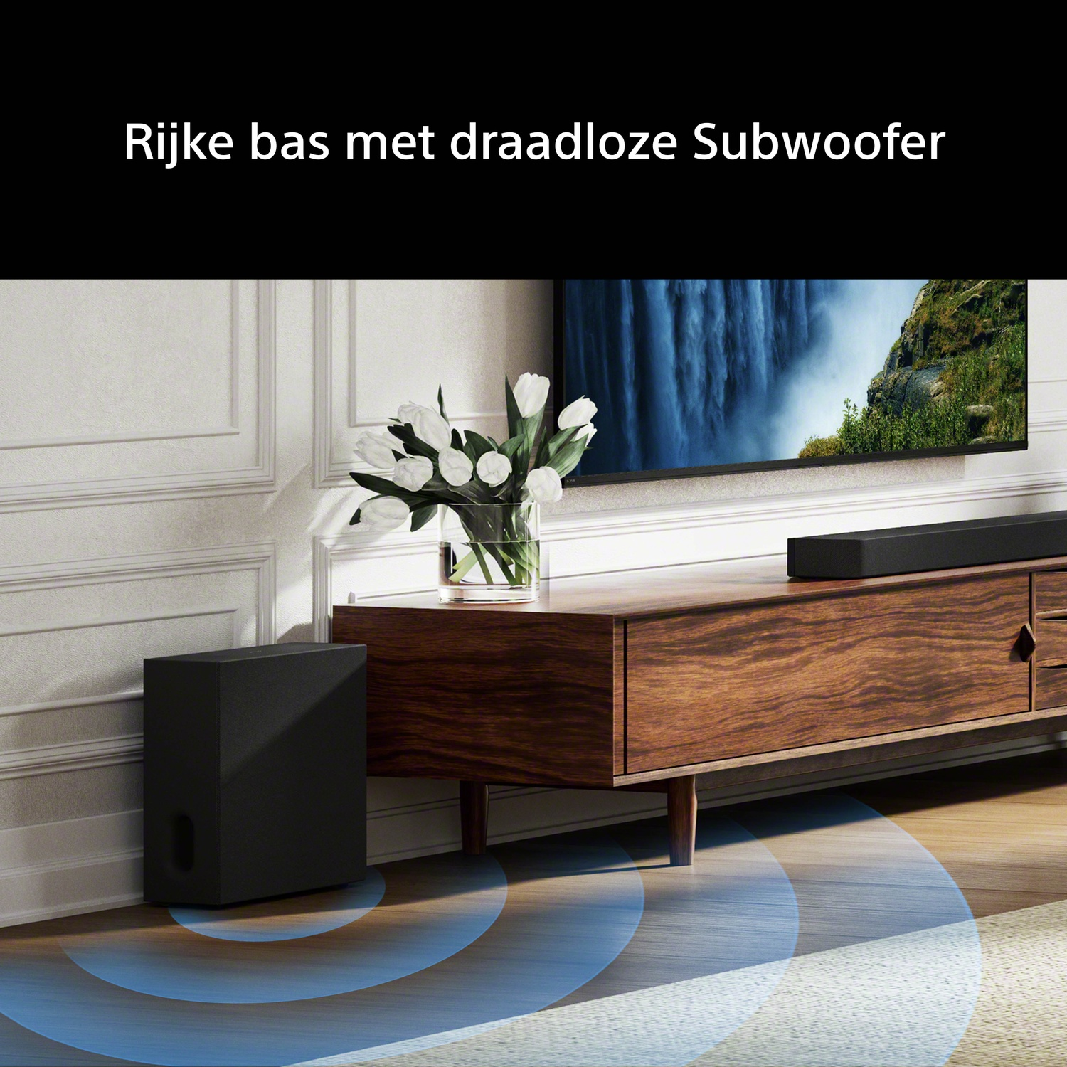 Zwarte subwoofer naast houten meubel met vaas en tv.