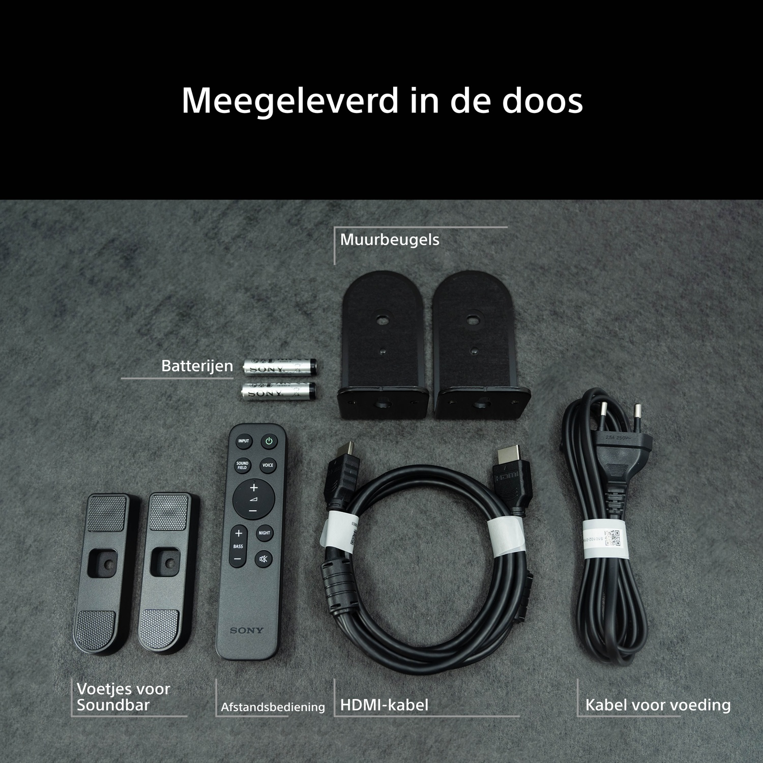 Inhoud: Afstandsbediening, batterijen, HDMI-kabel, voedingskabel, muurbeugels, soundbar-voetjes.