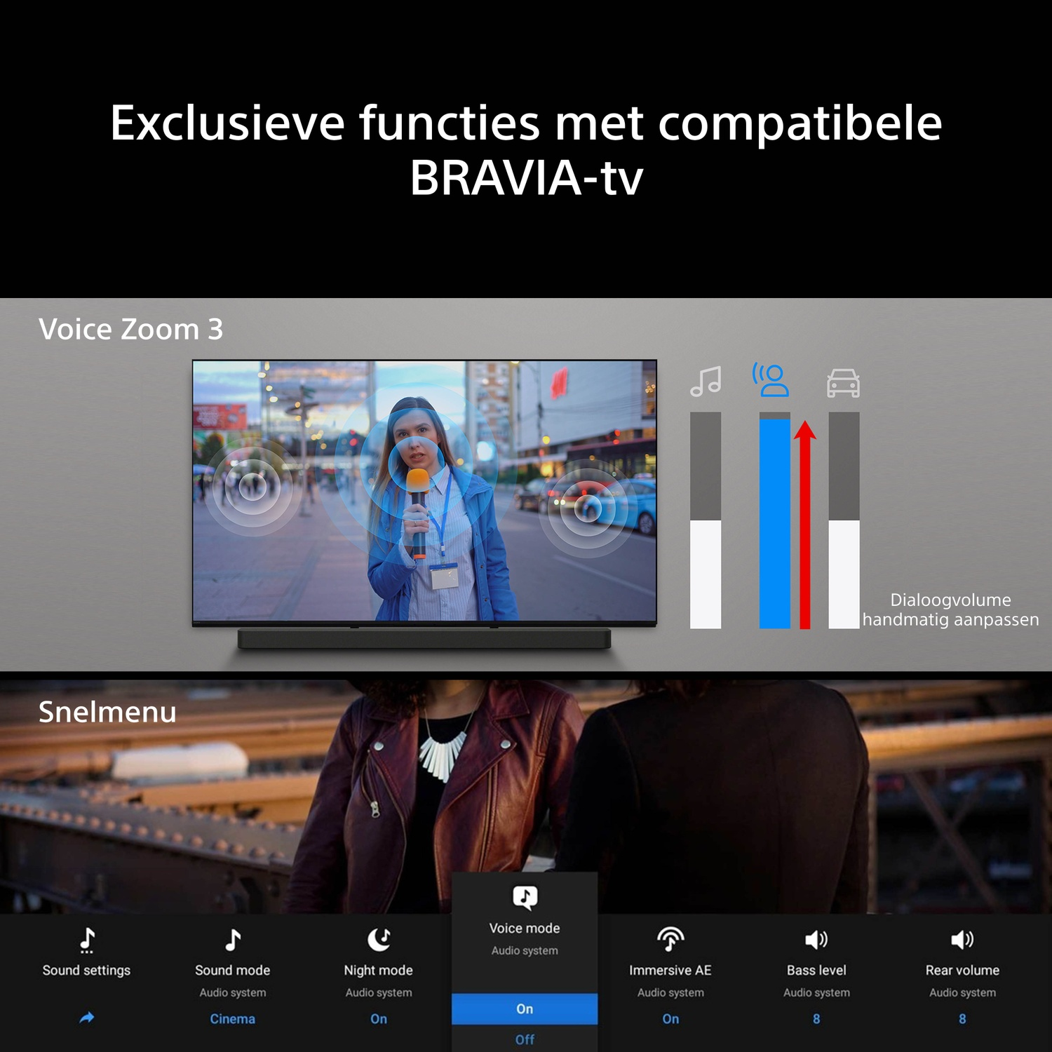 TV met Voice Zoom 3 en menu-opties zoals geluidsinstellingen en basniveau.