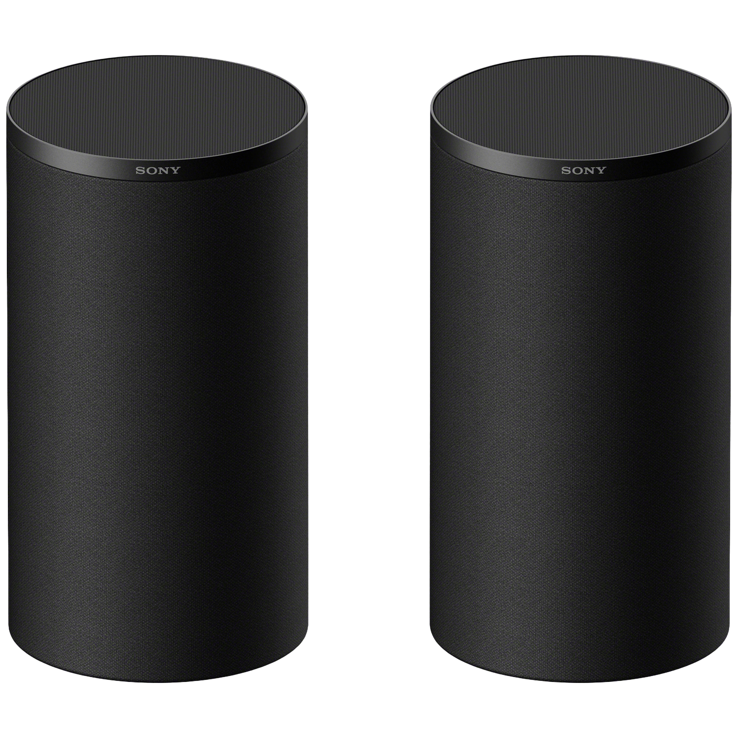 Deux haut-parleurs cylindriques noirs Sony se tiennent côte à côte sur fond noir.