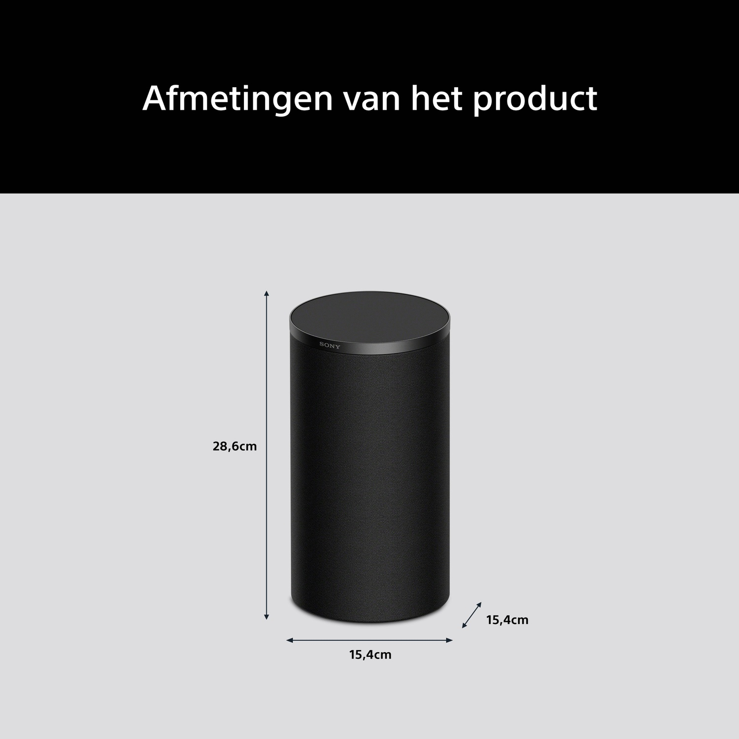 Zwarte cilindrische luidspreker met Sony logo. Afmetingen: H 28,6cm, B 15,4cm.