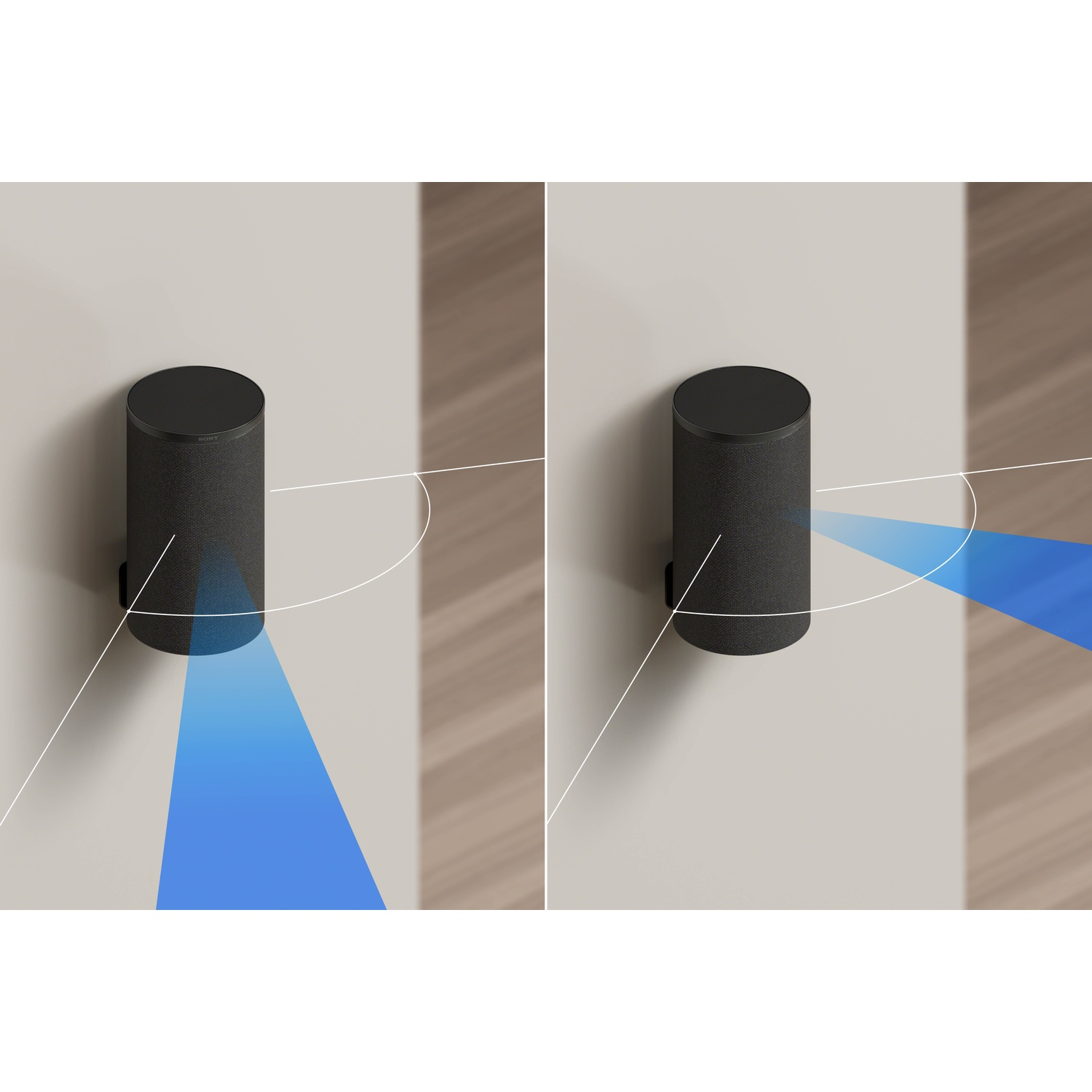 Haut-parleur cylindrique noir sur mur, projetant des ondes sonores bleues.