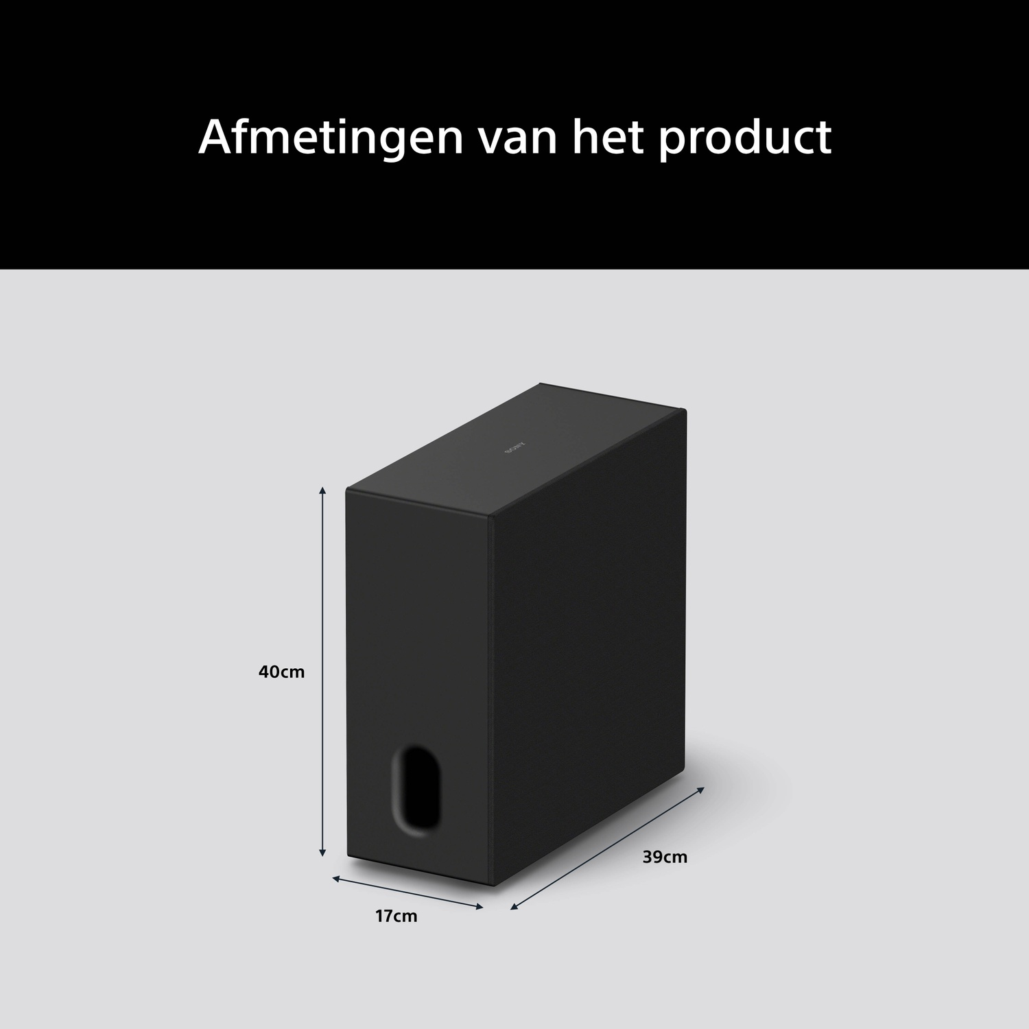 Zwarte subwoofer met afmetingen: 40cm hoog, 17cm breed, 39cm diep.