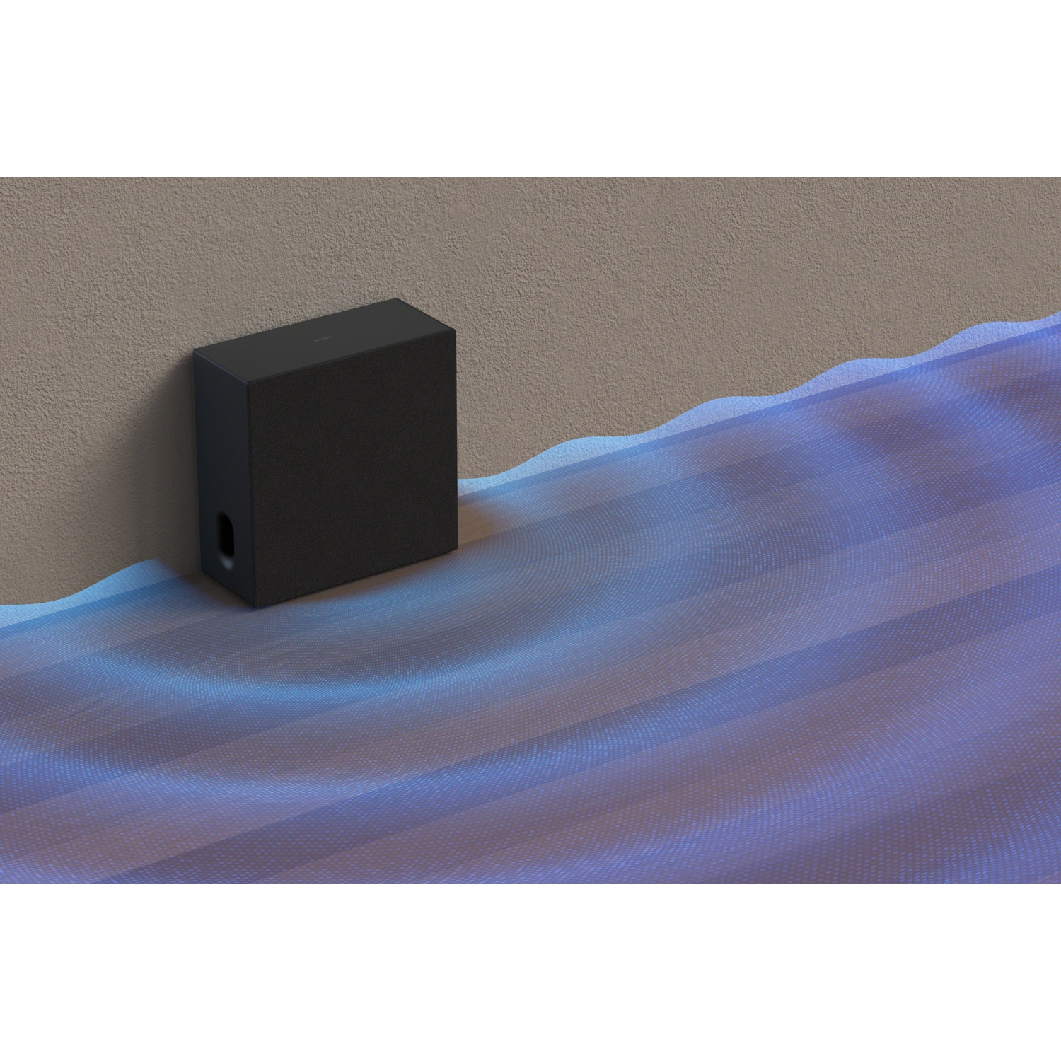 Caisson de basses noir contre un mur avec des ondes sonores bleues.