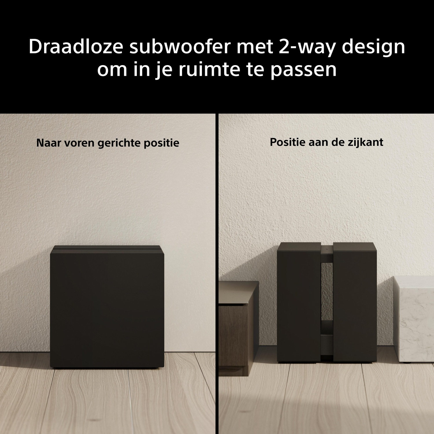 Zwarte subwoofer getoond in twee posities: voorwaarts gericht en zijwaarts.