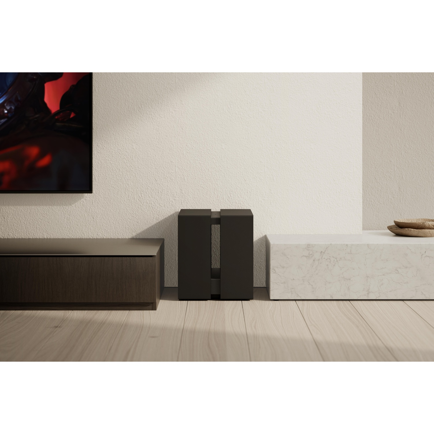 Moderne woonkamer met donkerhouten console, zwart bijzettafeltje en marmeren bankje.