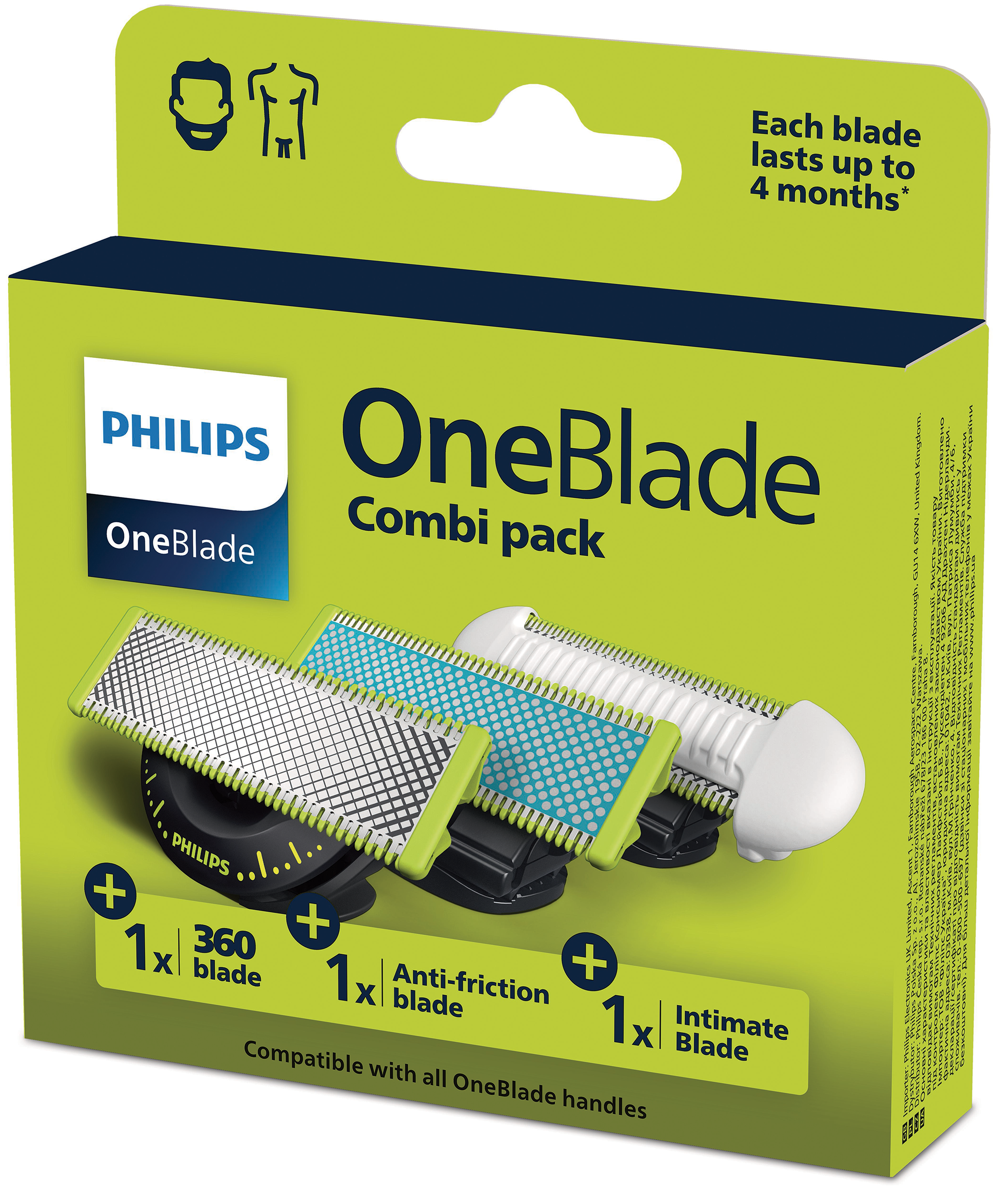 Philips OneBlade Combi Pack 360, Anti-friction és Intimate pengékkel.