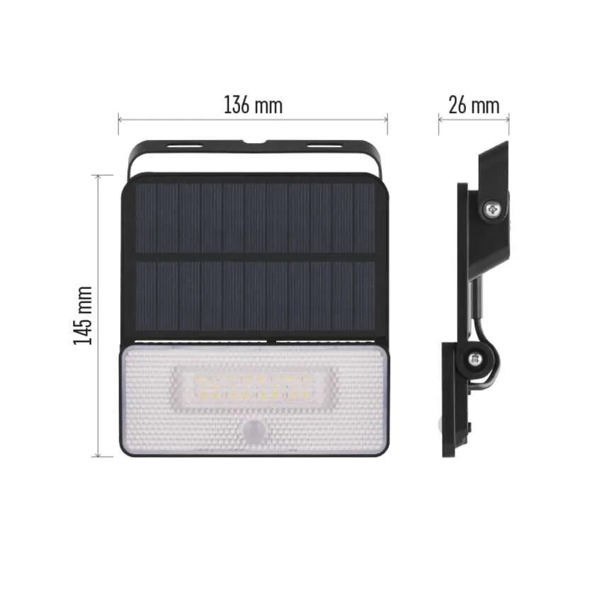 Egy napelemes lámpa LED világítással, méretei 136x145x26 mm.
