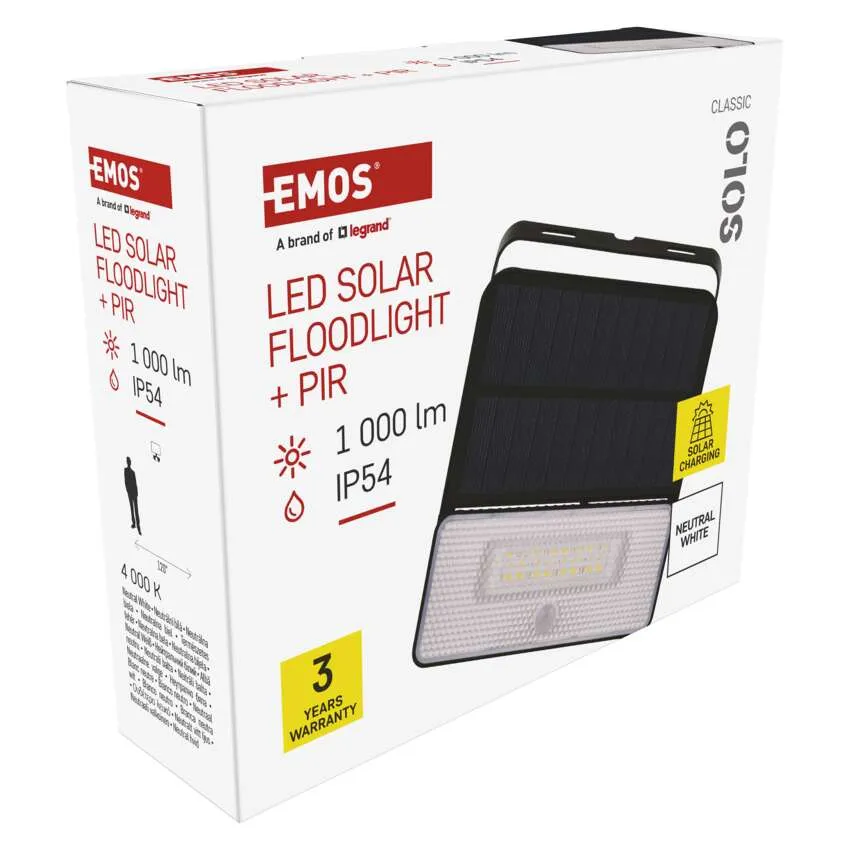 EMOS LED napelemes reflektor PIR-érzékelővel, 1000 lm, IP54, csomagoláson.