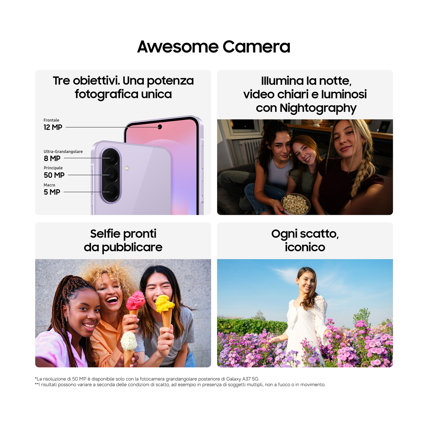 Specifiche fotocamera smartphone ed esempi di foto notturne e selfie.