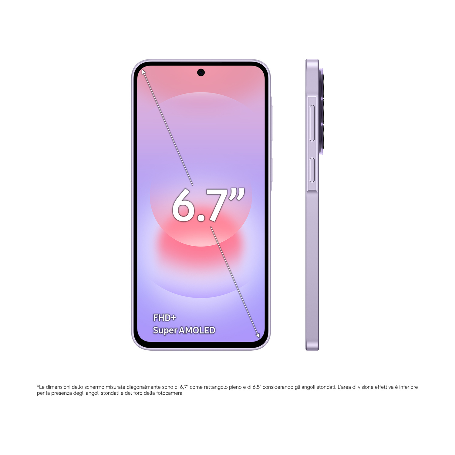 Uno smartphone viola con schermo AMOLED FHD+ da 6,7 pollici, visto fronte e lato.