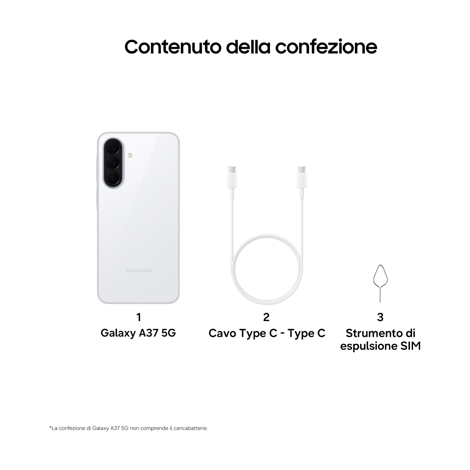 Samsung Galaxy A37 5G bianco, cavo USB-C e strumento SIM.