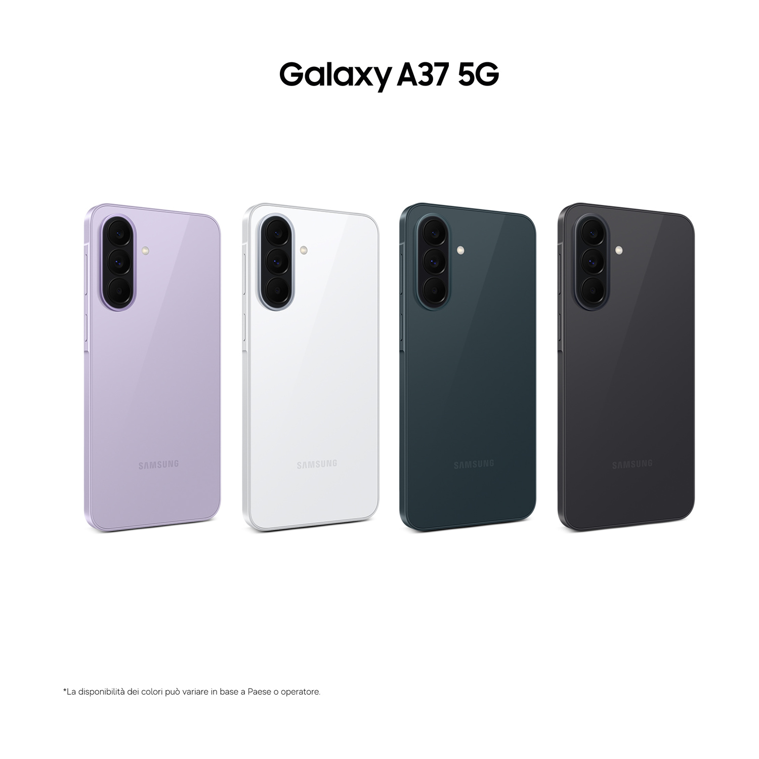 Quattro telefoni Samsung Galaxy A37 5G viola, bianco, verde scuro e nero.