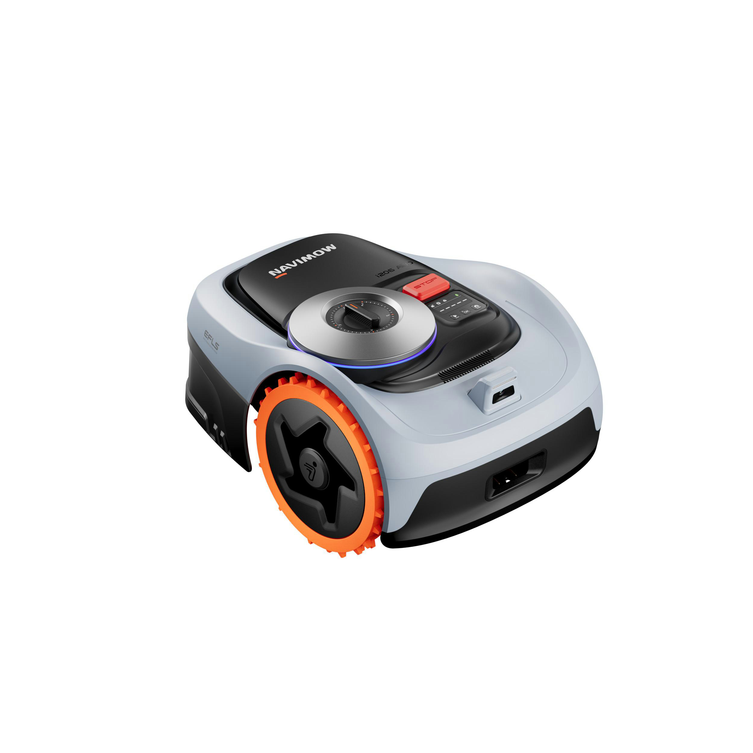 Ein grauer Mähroboter mit orangenem Rad und schwarzen Akzenten steht auf weißem Grund.