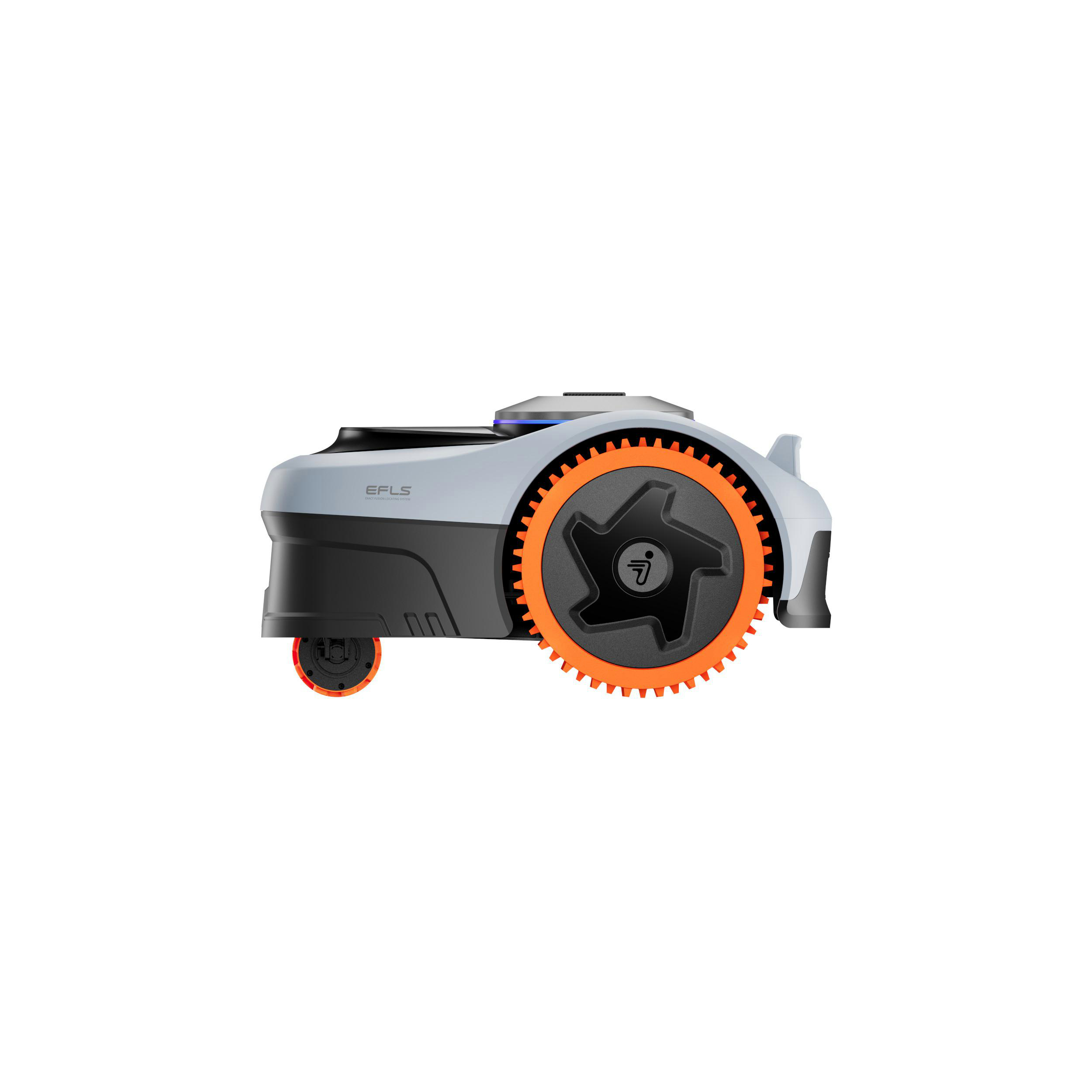 Ein grauer Mähroboter mit orangen Rädern auf weißem Hintergrund.
