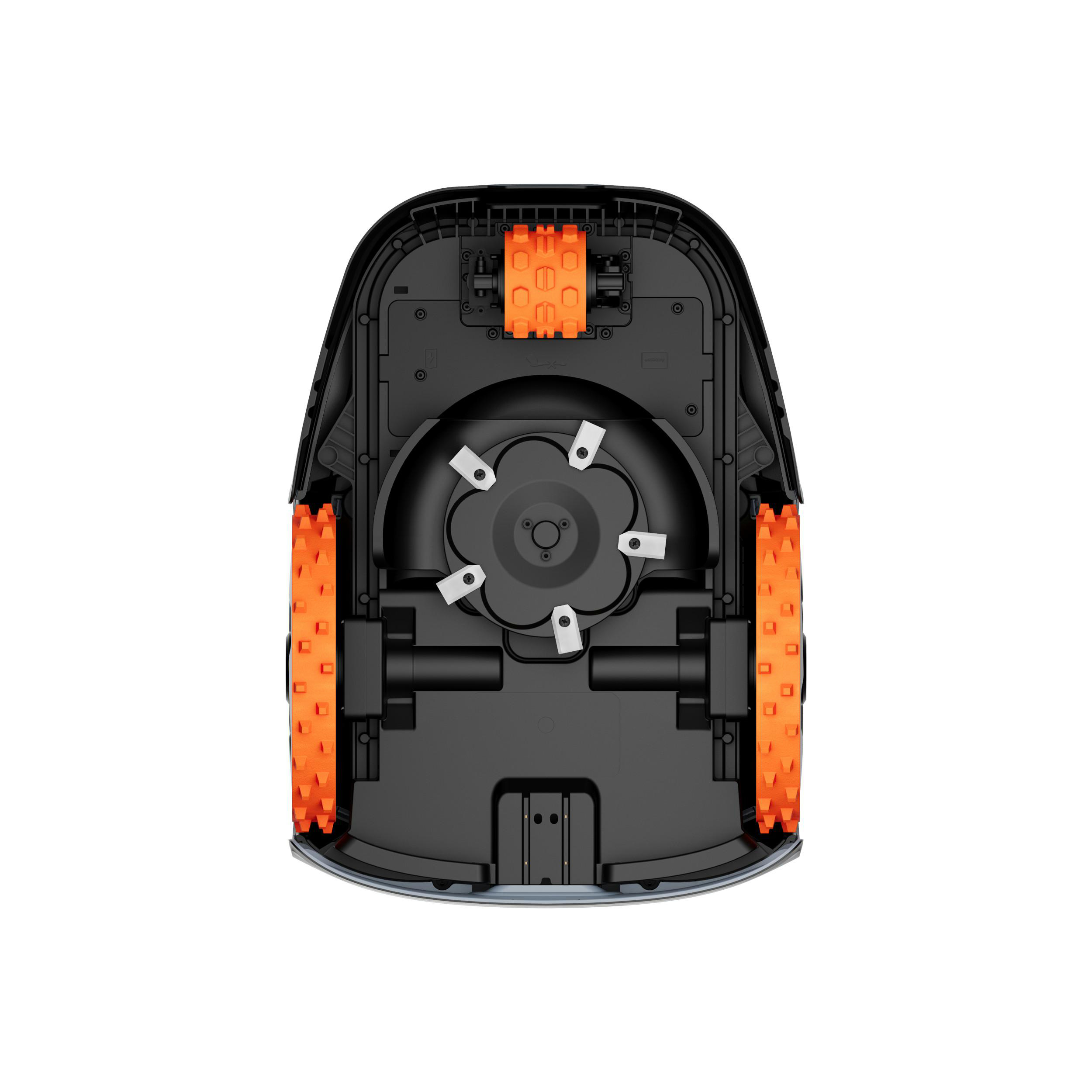 Unterseite eines schwarzen Mähroboters mit orangefarbenen Rädern und einem Schneidwerk.