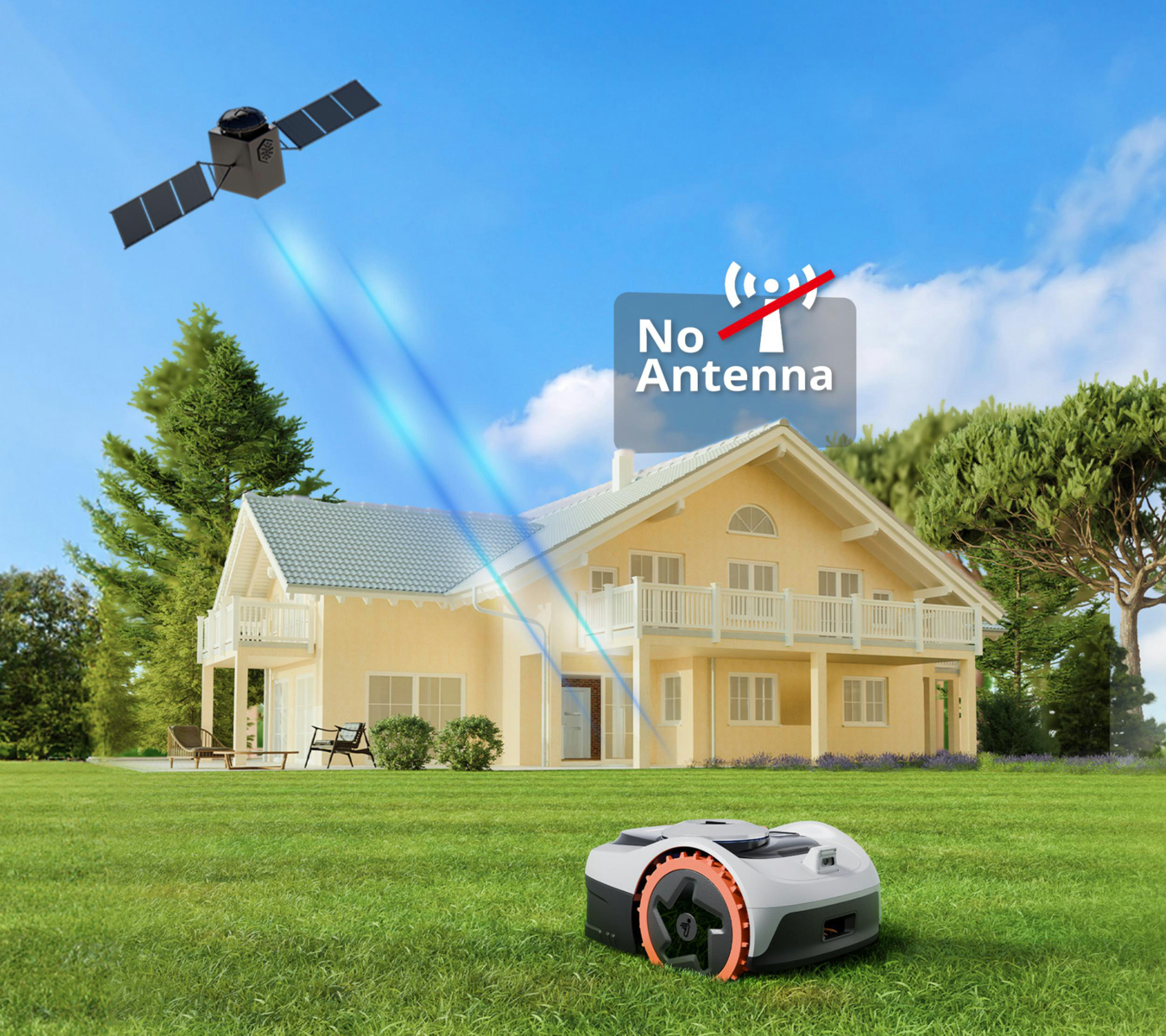 Ein Rasenmäherroboter auf einem Rasen vor einem Haus mit einer Satelliten- und einer Antennenwarnung.