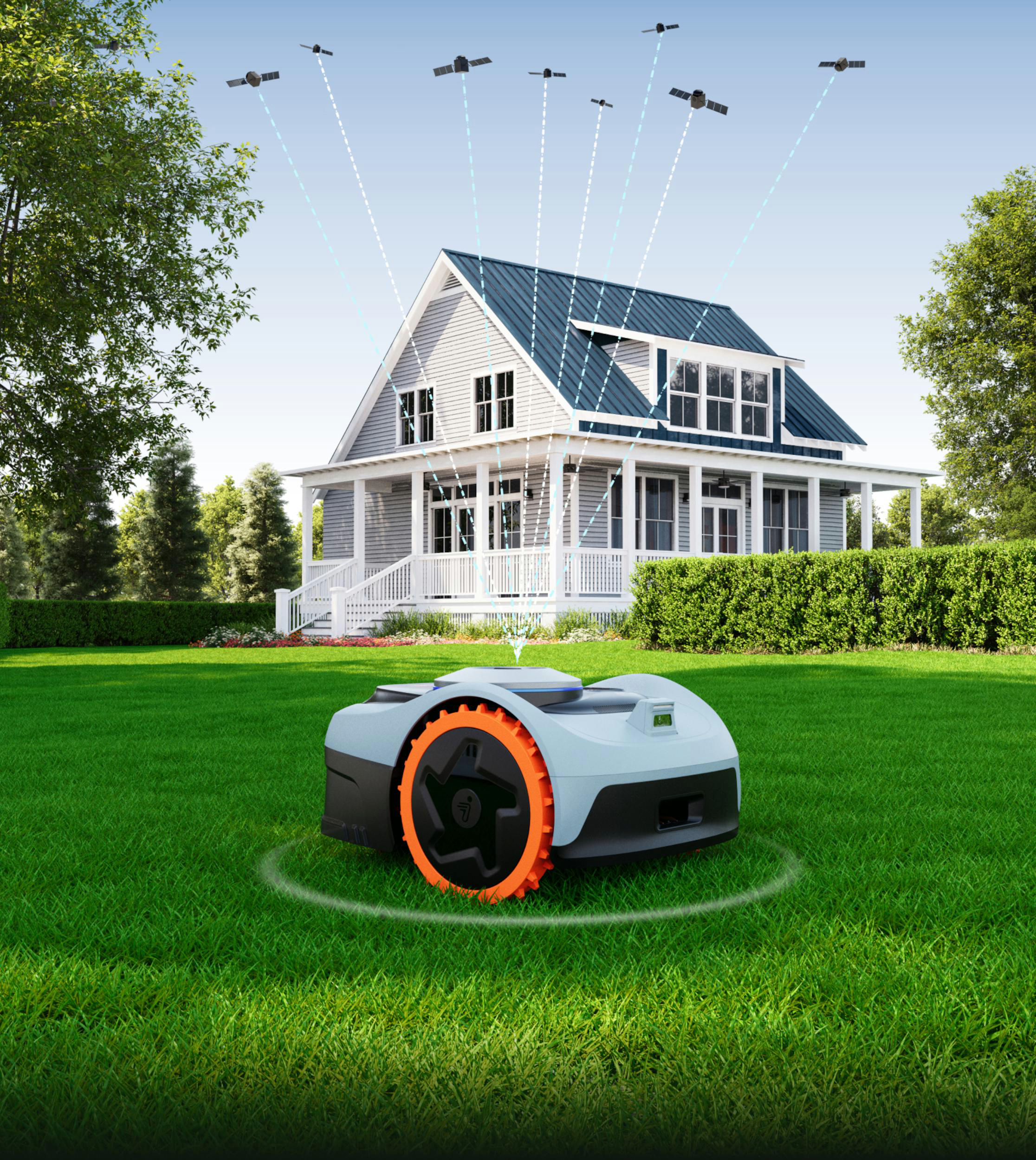 Ein Mähroboter auf einem Rasen vor einem Haus, verbunden mit Satelliten.