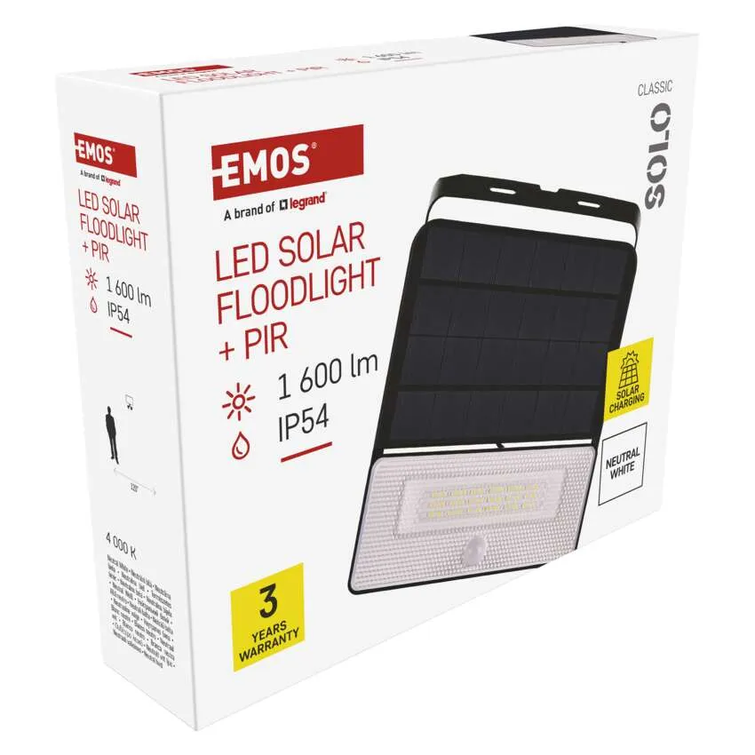 LED-es napelemes reflektor PIR-érzékelővel, 1600 lm, IP54 csomagolása.
