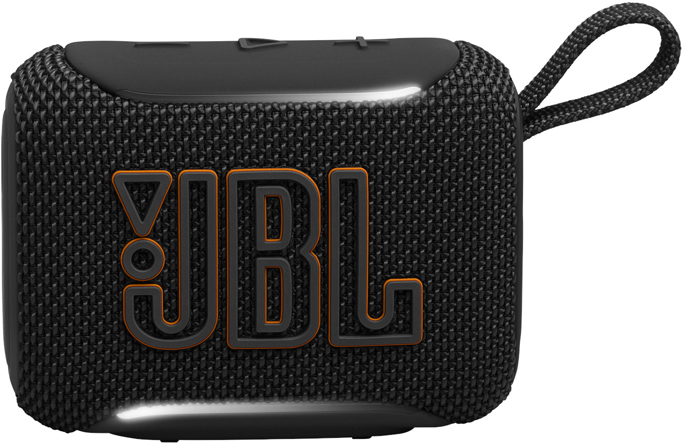 Schwarzer JBL Bluetooth-Lautsprecher mit orangefarbenem Logo und Trageschlaufe.