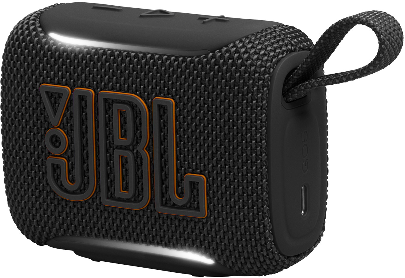 Schwarzer JBL Lautsprecher mit orangefarbenem Logo und Trageschlaufe.