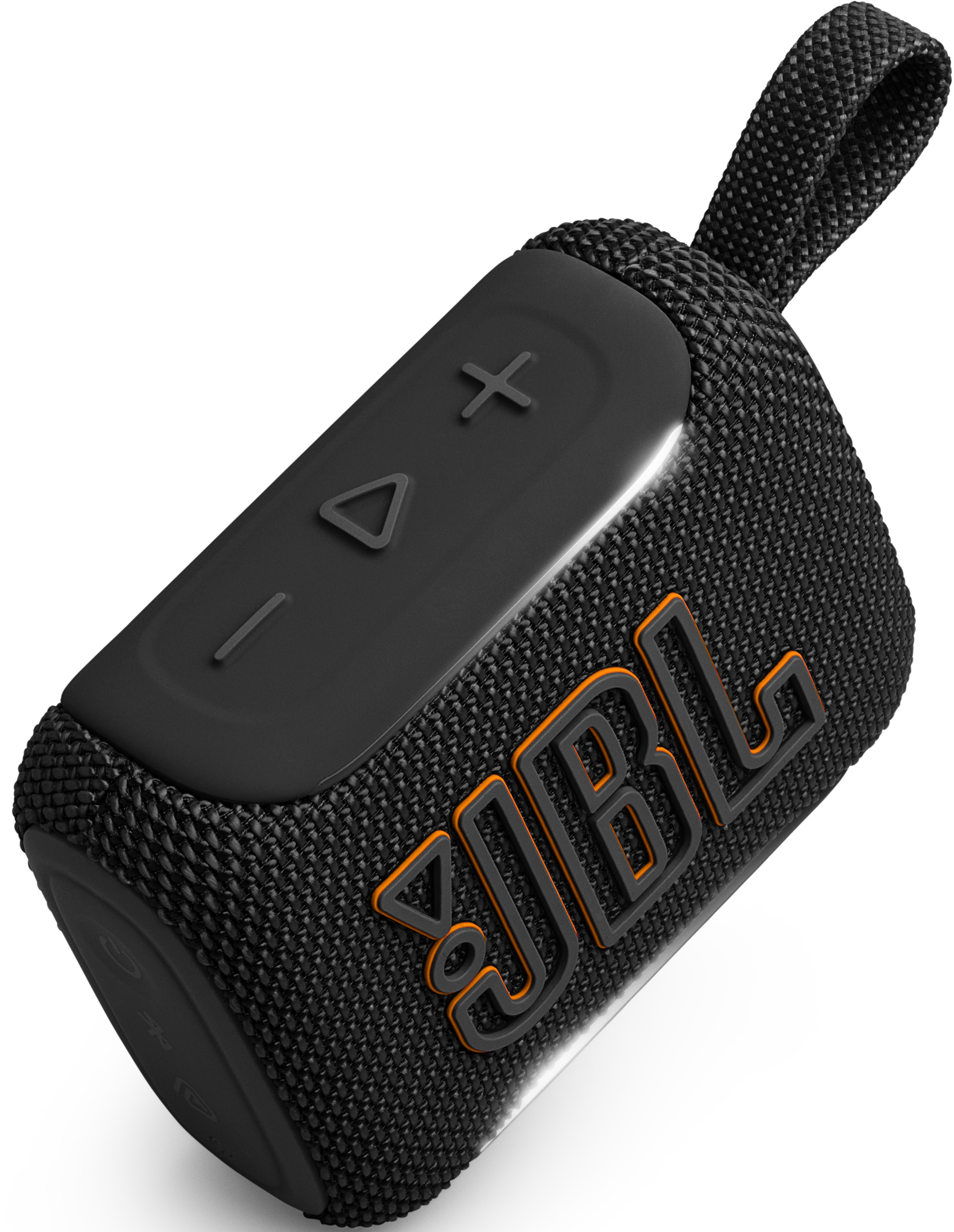 Schwarzer tragbarer JBL-Lautsprecher mit orangefarbenem Logo und Bedienelementen.