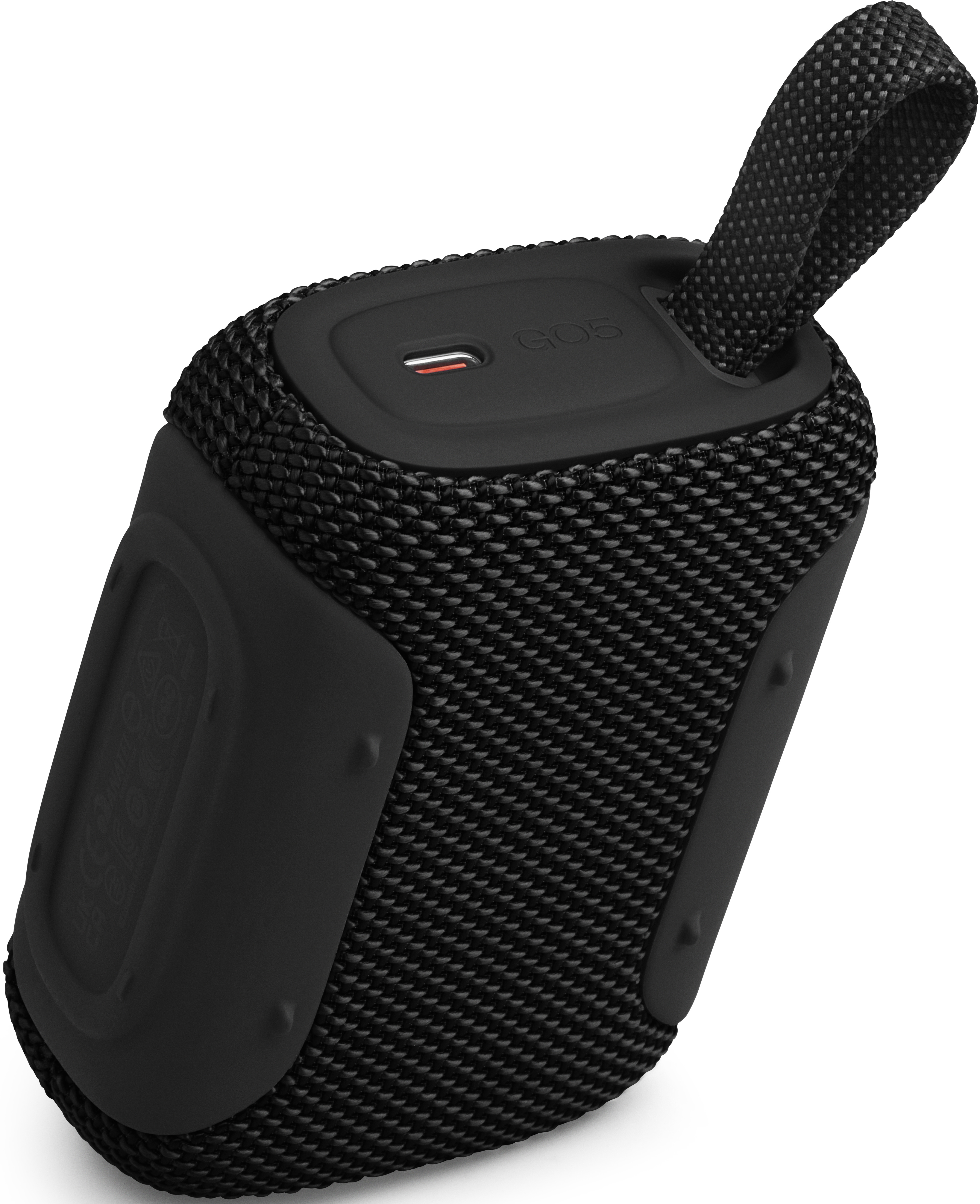 Schwarzer, kompakter Bluetooth-Lautsprecher mit Stoffgitter und Trageschlaufe.