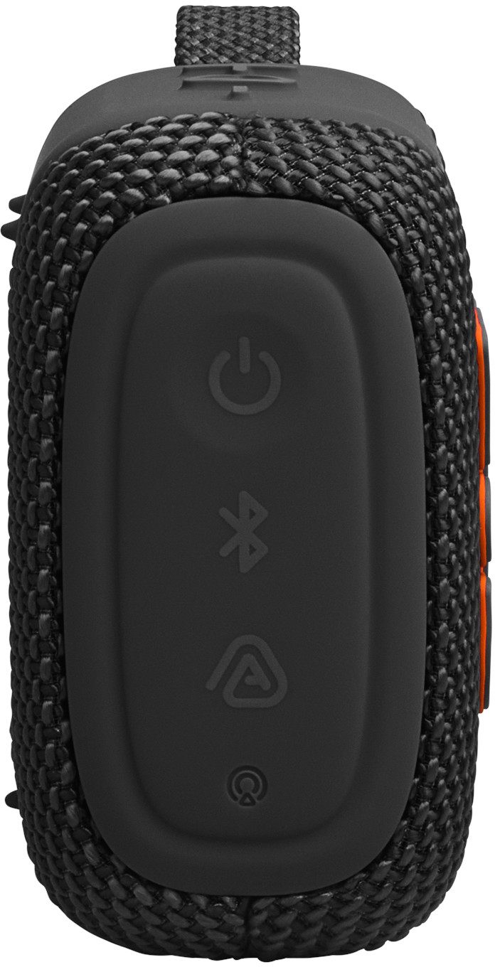 Schwarzer Lautsprecher mit Power-, Bluetooth- und Akku-Symbolen. Orange Akzente.