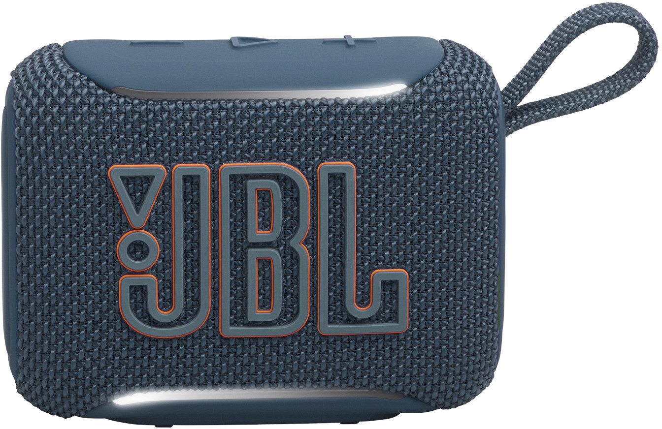 Altoparlante JBL blu con logo arancione e laccetto.
