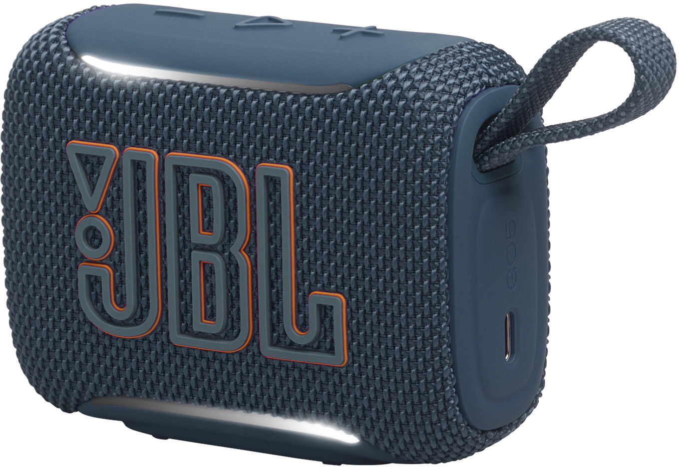 Altoparlante JBL blu testurizzato con logo arancione e accenti luminosi.
