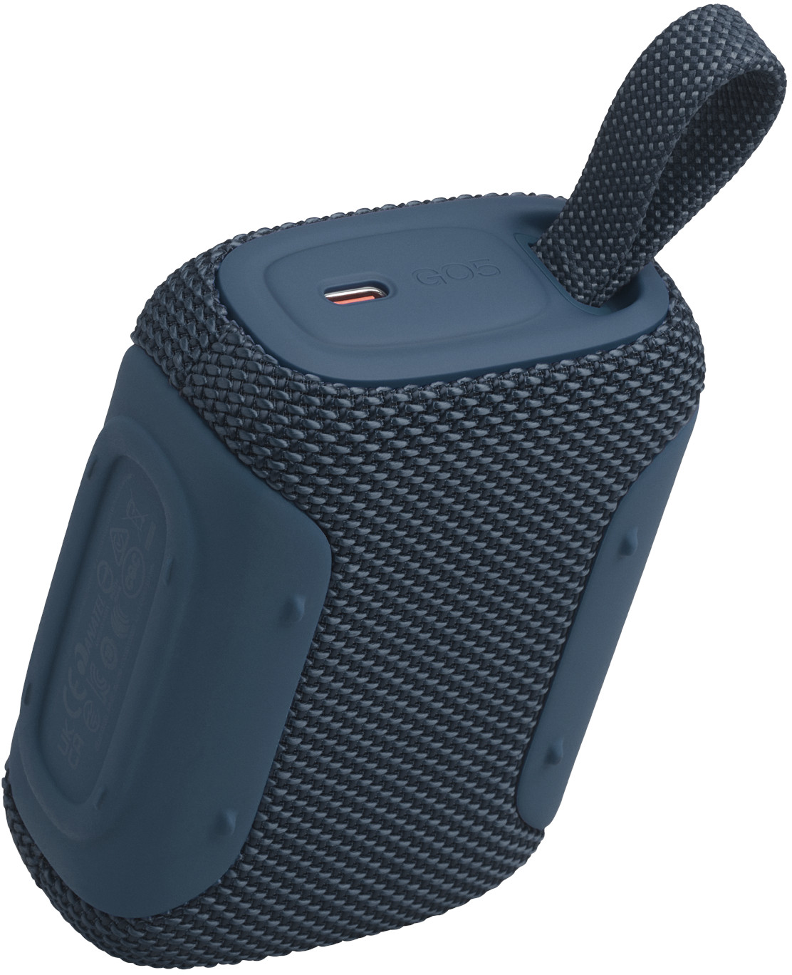Un altoparlante portatile blu con griglia in tessuto e un anello.