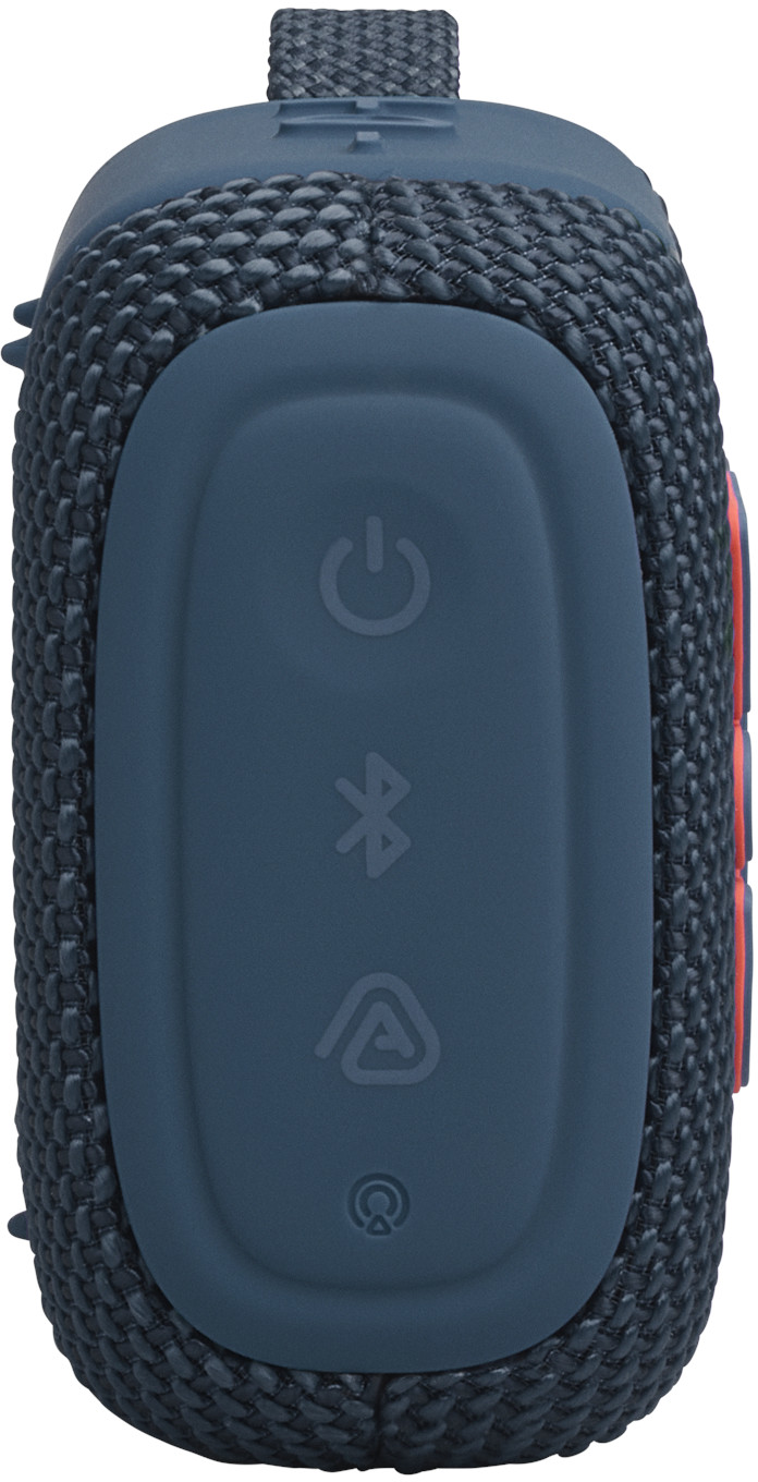Altoparlante blu con pulsanti di accensione, Bluetooth e play.