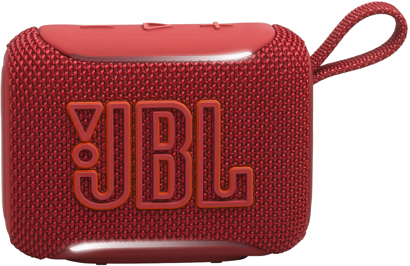 Altoparlante portatile JBL rosso con texture in tessuto e laccetto.