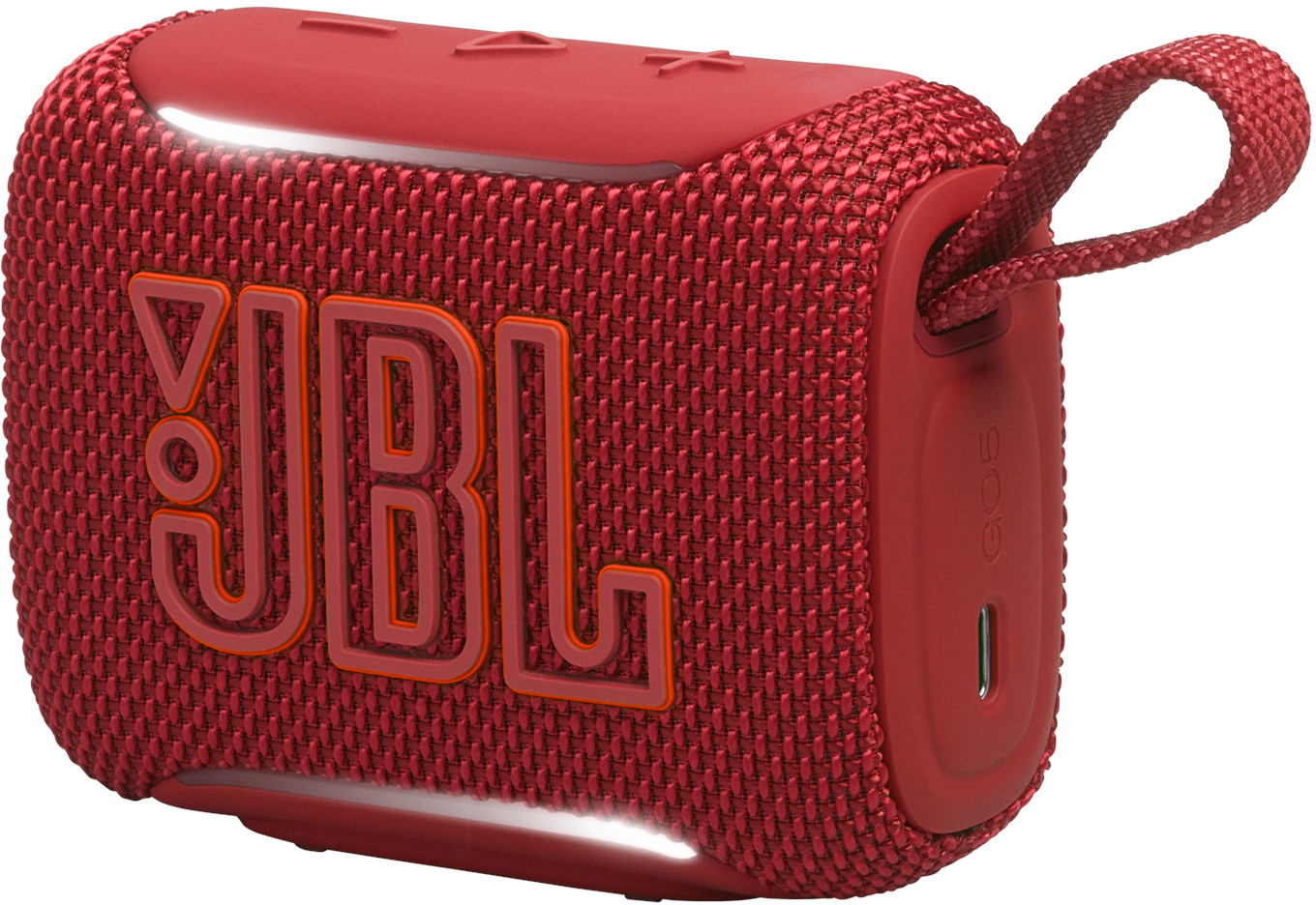 Altoparlante JBL Go 5 rosso testurizzato con porta di ricarica.