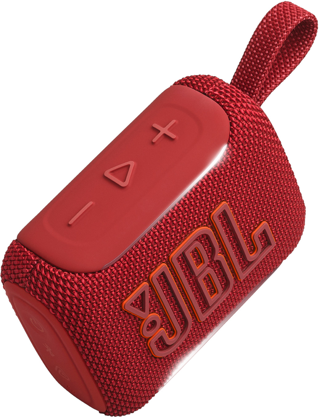 Altoparlante JBL Go 3 rosso con tracolla e pulsanti di controllo.