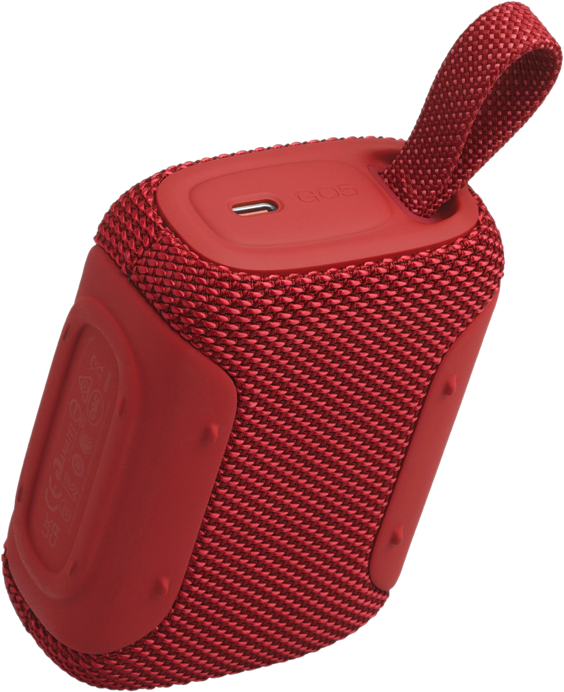 Altoparlante portatile rosso con copertura in tessuto e porta USB-C.