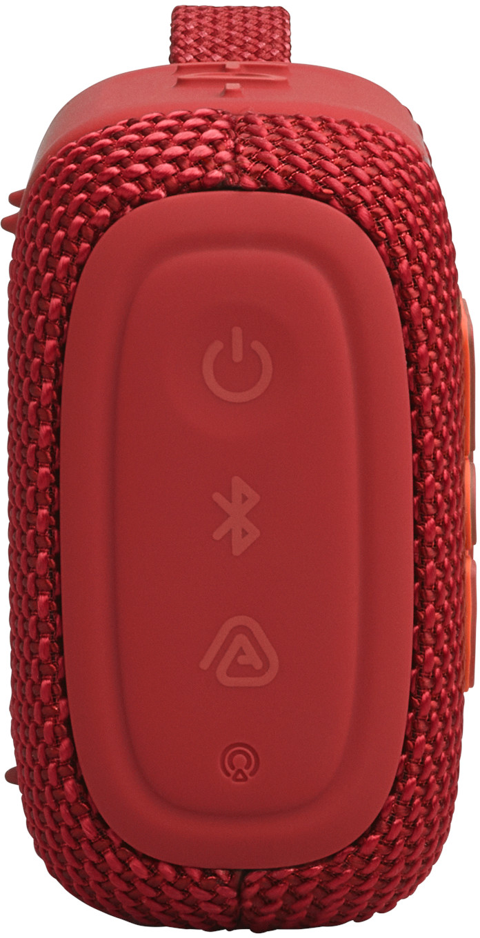 Altoparlante Bluetooth rosso con icone di accensione, Bluetooth e batteria sul davanti.