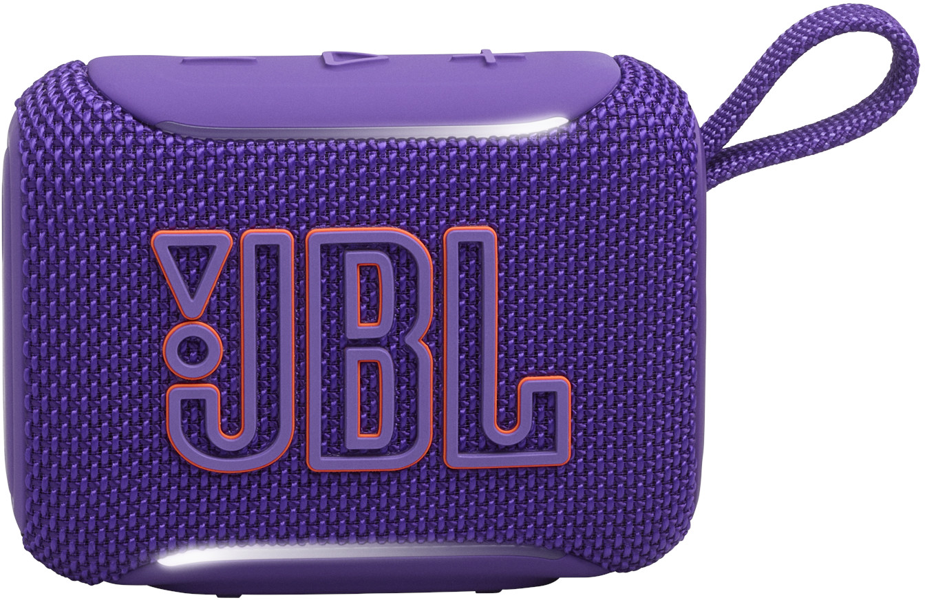 Altoparlante JBL viola con logo arancione e laccio.