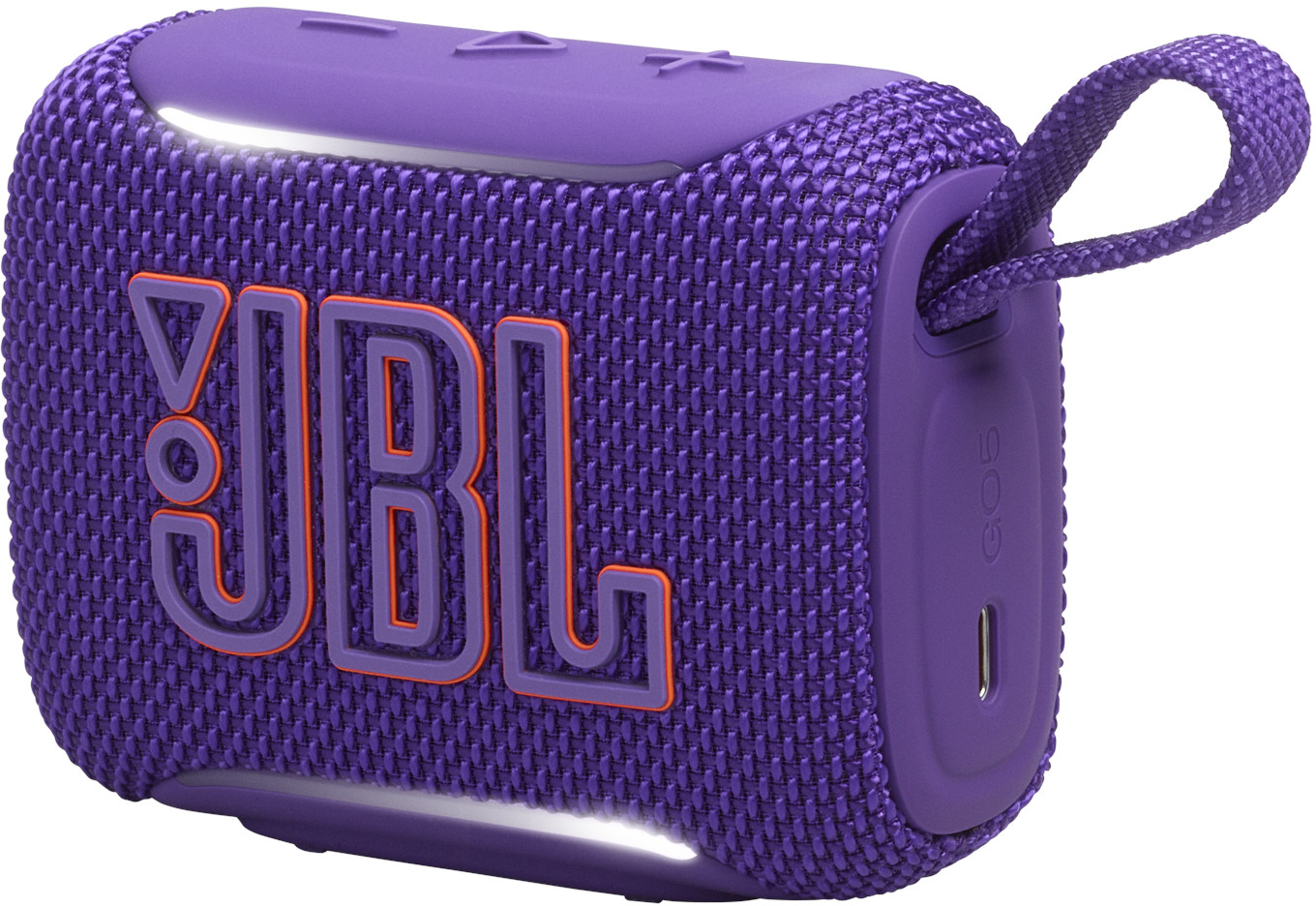 Altoparlante JBL Go 5 viola con logo arancione e laccetto.