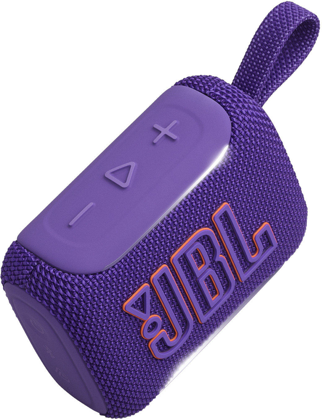 Altoparlante JBL viola con pulsanti di controllo e tracolla.