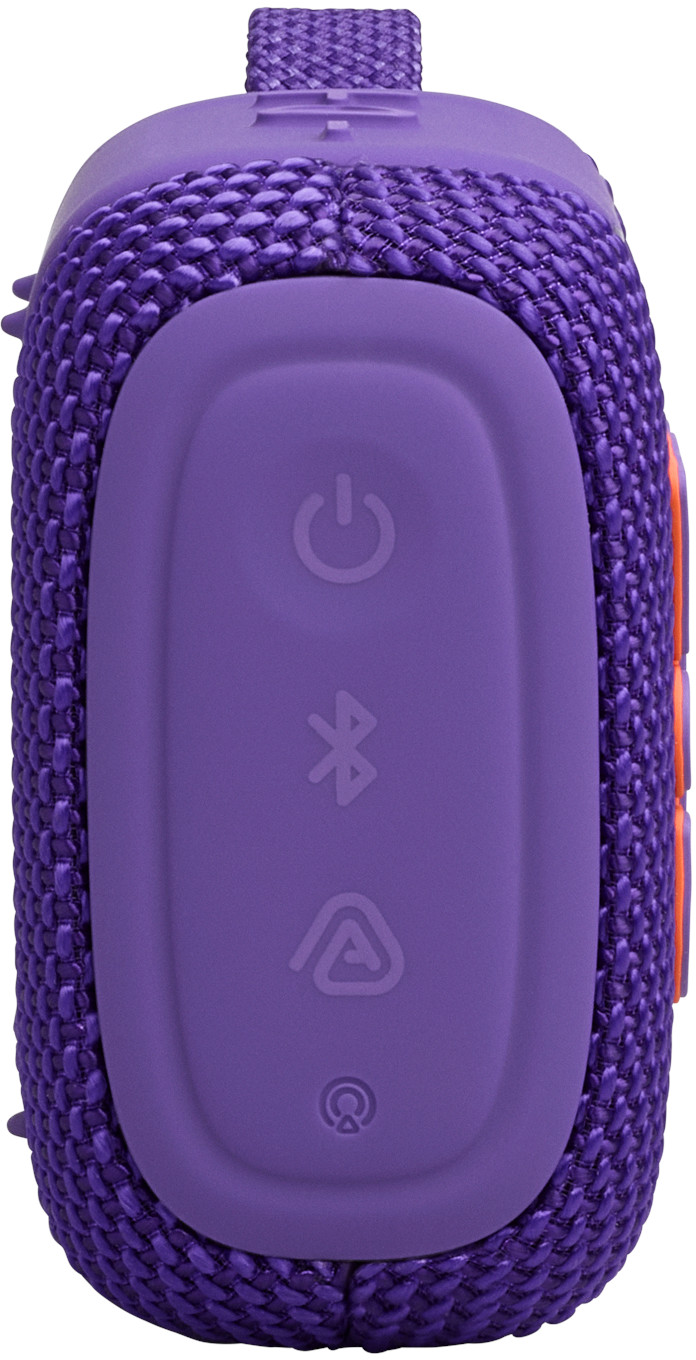Altoparlante viola con pulsanti accensione, Bluetooth e play.