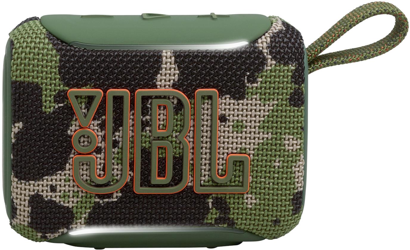 Altoparlante JBL verde con motivo mimetico e bordo arancione.