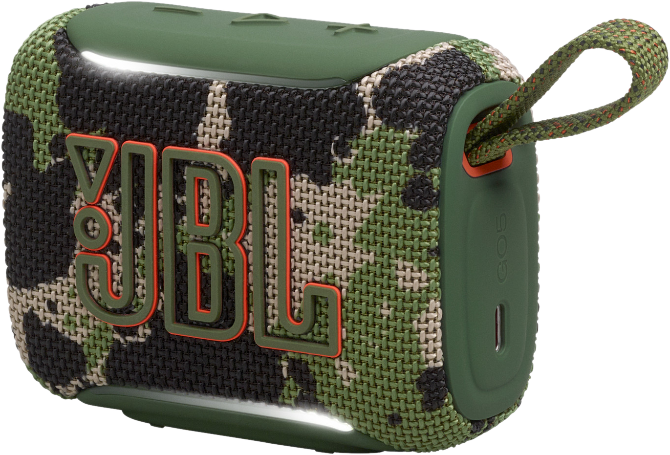 Altoparlante mimetico verde con logo JBL e tracolla.