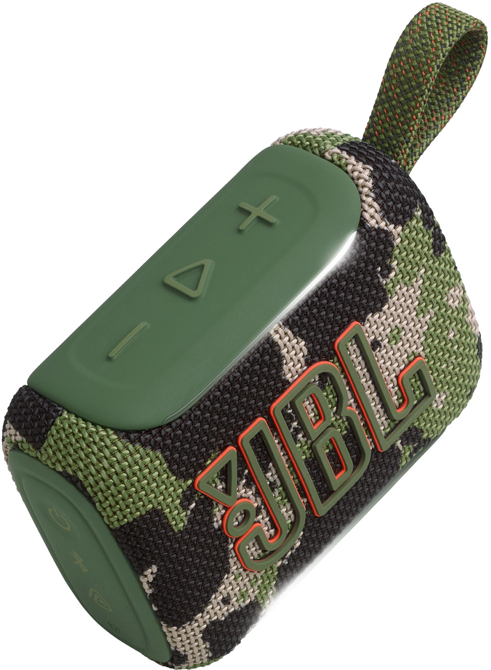 Altoparlante JBL mimetico verde con anello e pulsanti.