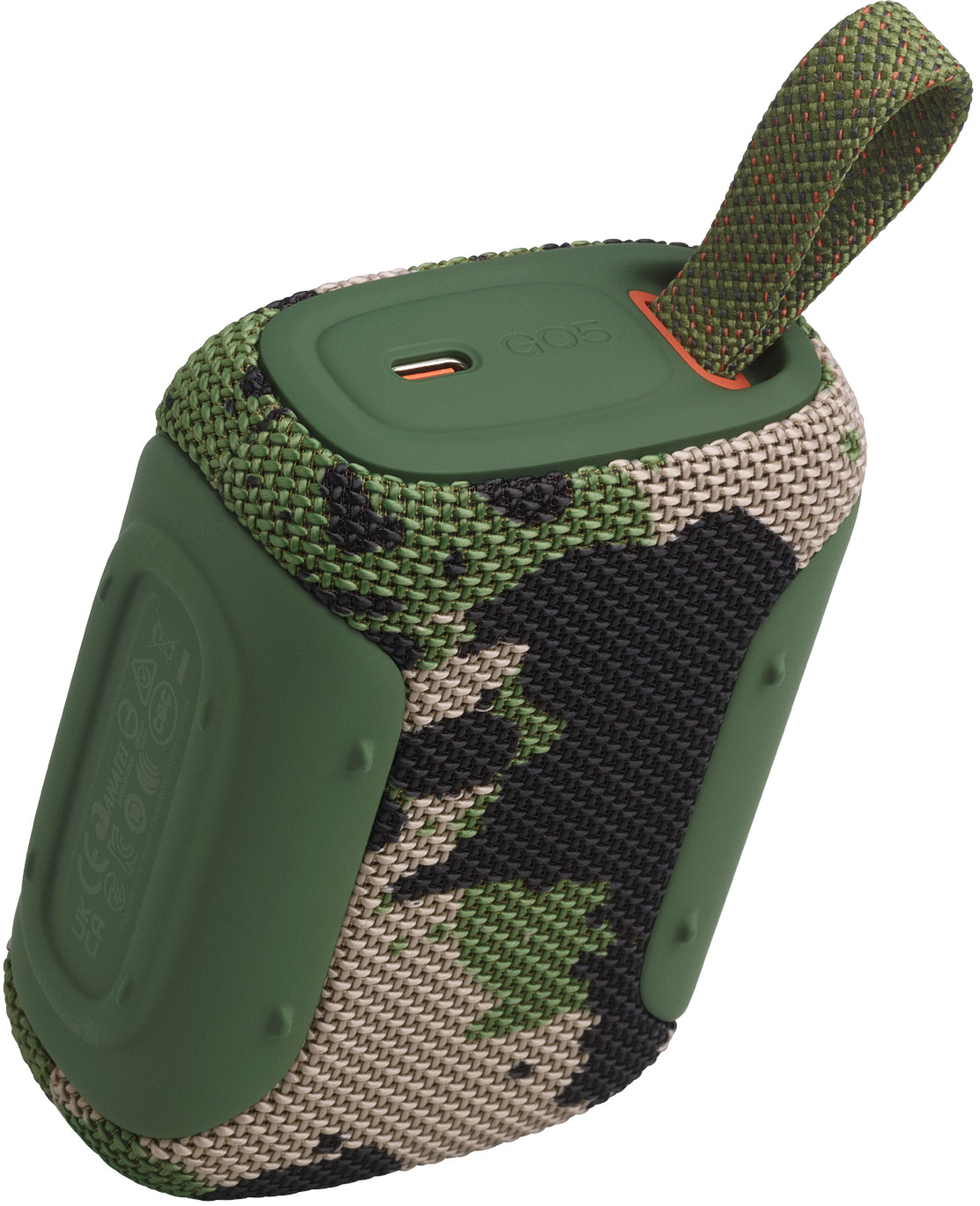 Un altoparlante Bluetooth mimetico verde con cinturino e accenti arancioni.