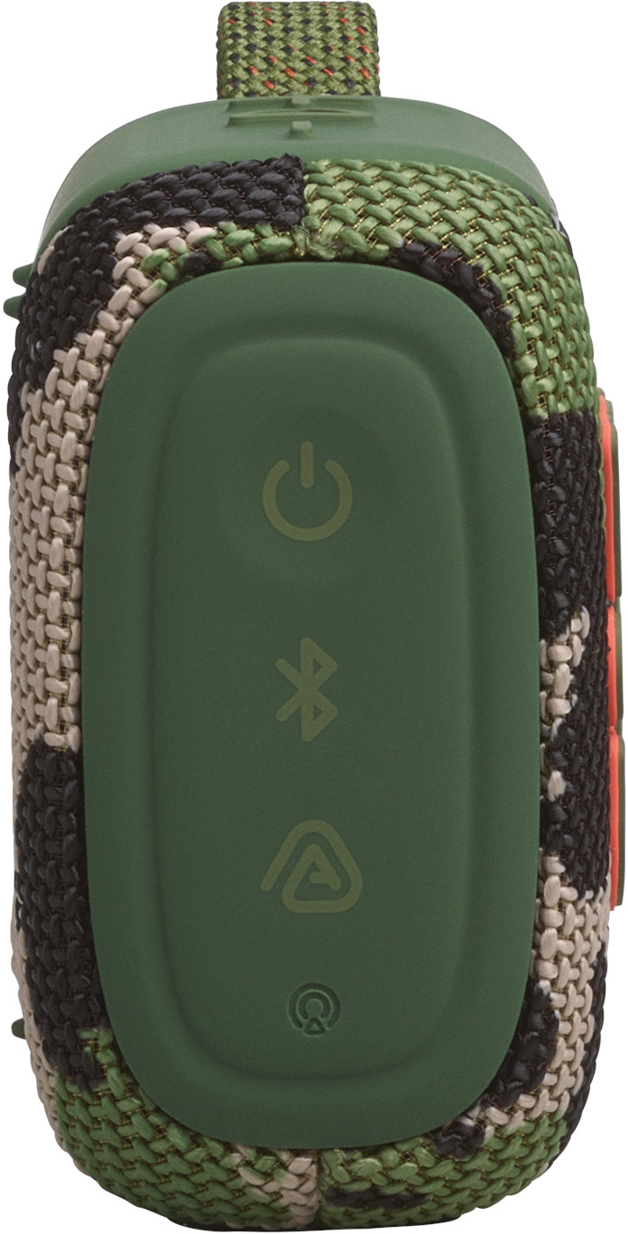 Altoparlante mimetico verde con simboli accensione, Bluetooth e laccio.