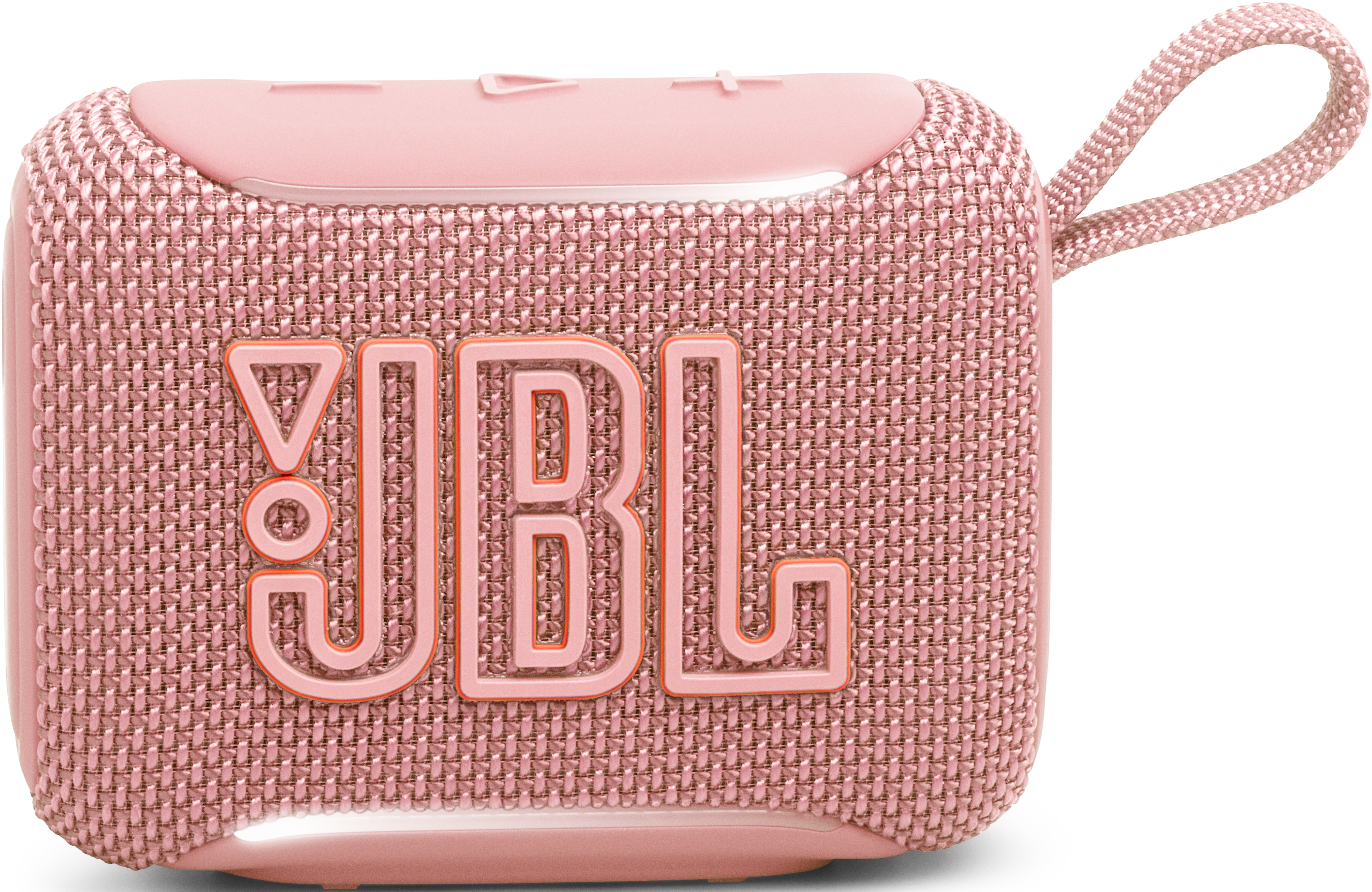 Un piccolo speaker JBL Bluetooth rosa con copertina in tessuto e un laccetto.